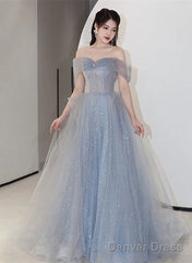 Off Shoulder Light Blue Tulle Long Party Dress, Shiny Tulle A-Line Prom Dress