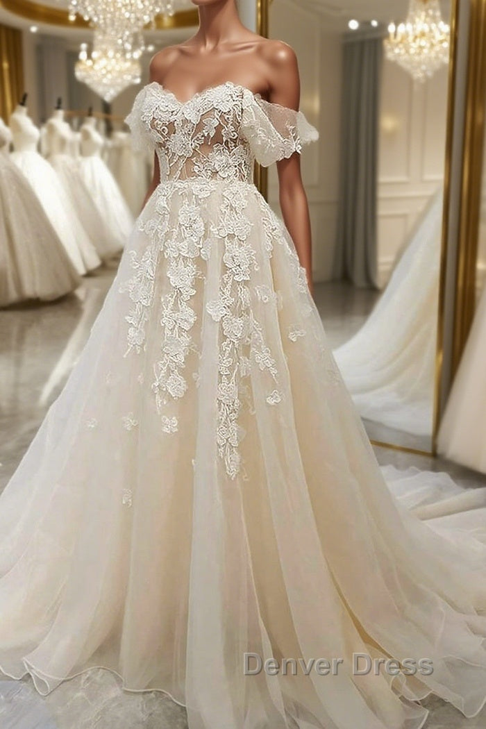 Off Shoulder Light Champagne Tulle Lace Long Prom Dress, Light Champagne Lace Prom Dresses Main image