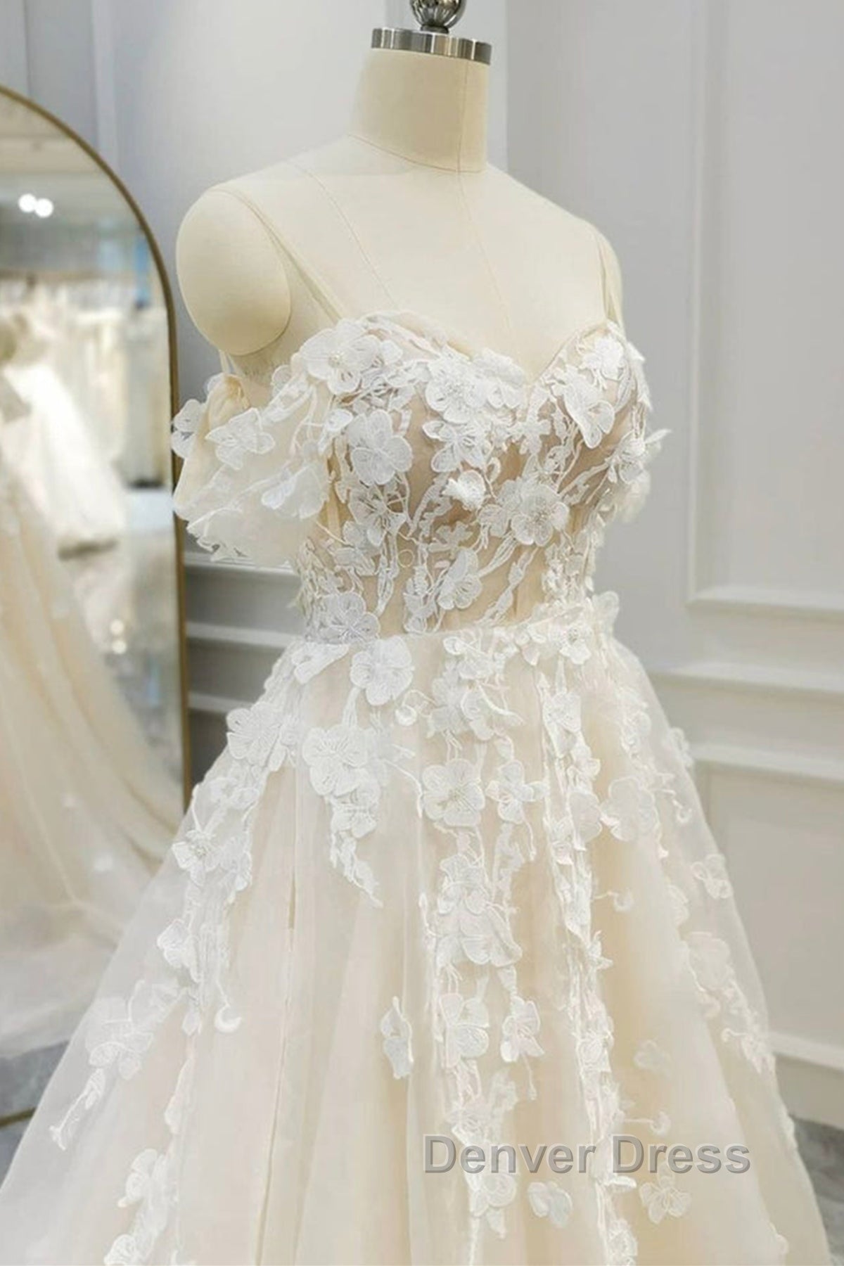 Off Shoulder Light Champagne Tulle Lace Long Prom Dress, Light Champagne Lace Prom Dresses Secondary image