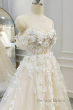 Off Shoulder Light Champagne Tulle Lace Long Prom Dress, Light Champagne Lace Prom Dresses