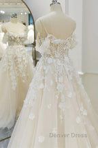 Off Shoulder Light Champagne Tulle Lace Long Prom Dress, Light Champagne Lace Prom Dresses
