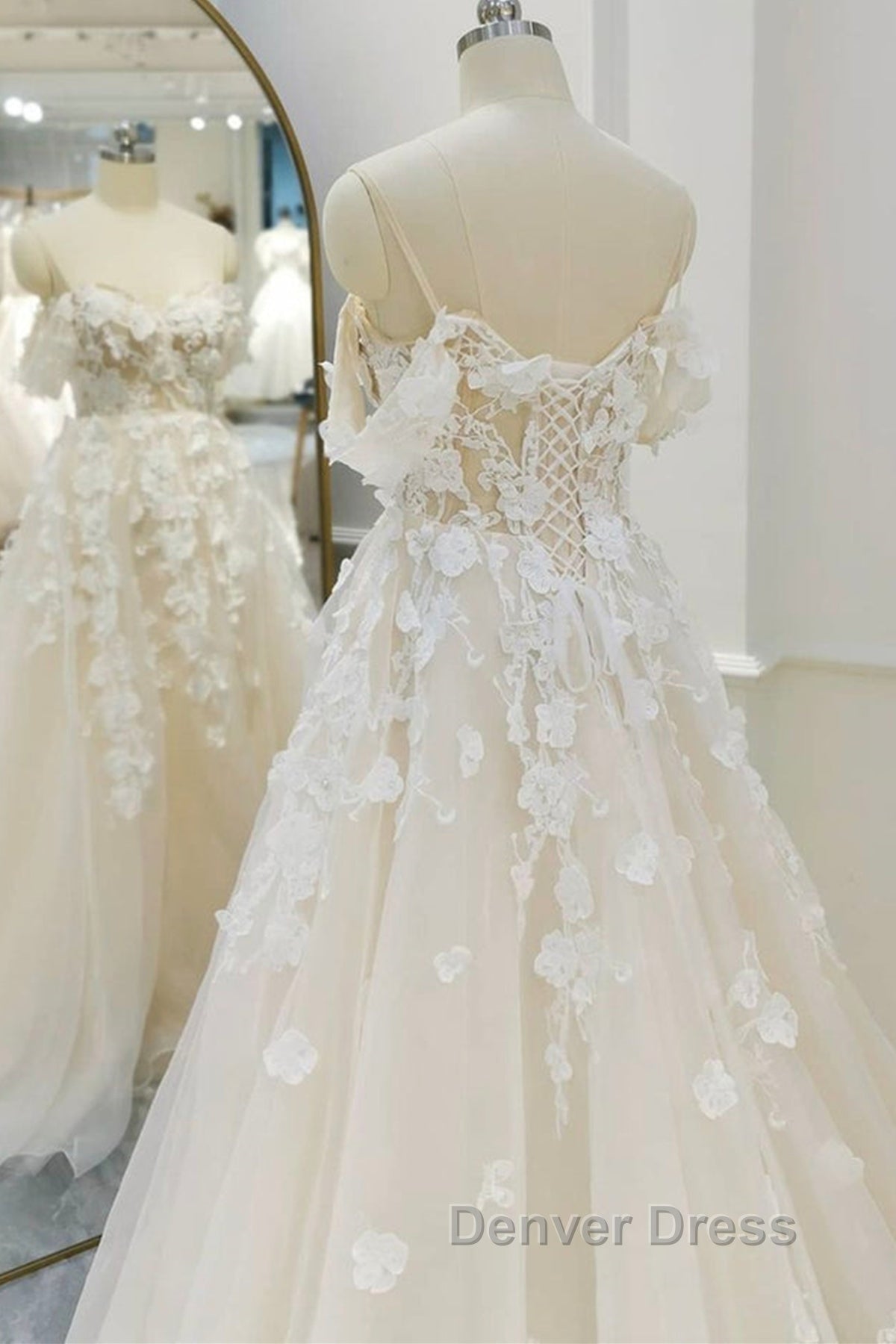 Off Shoulder Light Champagne Tulle Lace Long Prom Dress, Light Champagne Lace Prom Dresses