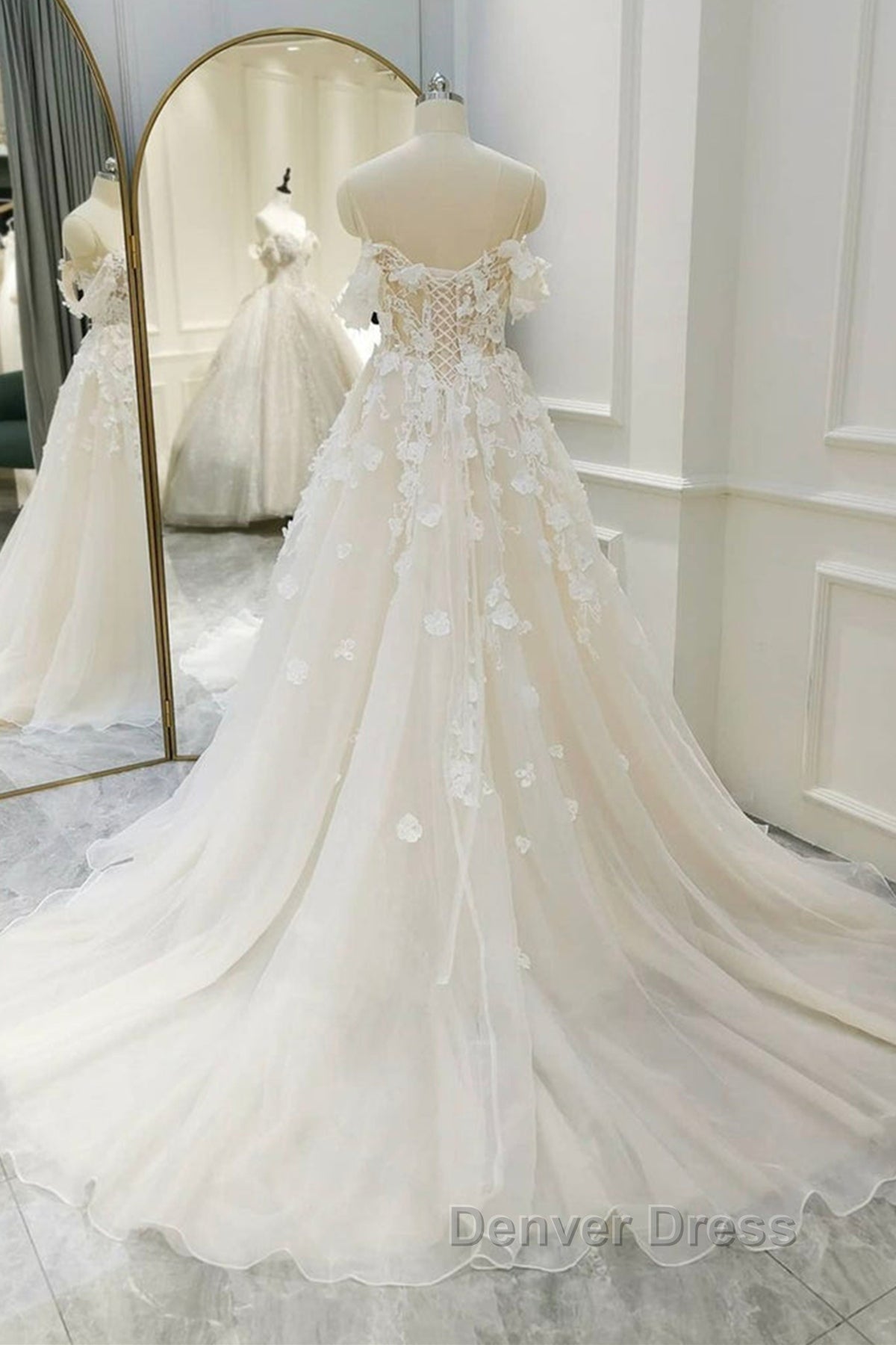 Off Shoulder Light Champagne Tulle Lace Long Prom Dress, Light Champagne Lace Prom Dresses