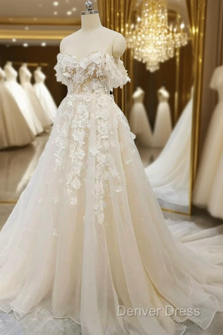 Off Shoulder Light Champagne Tulle Lace Long Prom Dresses, Light Champagne Lace Formal Evening Dresses A1583 Main image