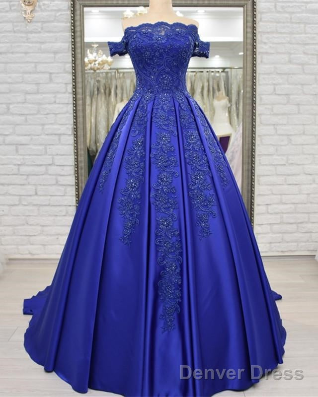 Off Shoulder Long Satin Evening Dresses Lace Embroidery