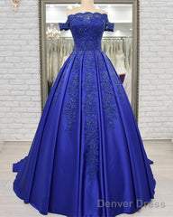 Off Shoulder Long Satin Evening Dresses Lace Embroidery