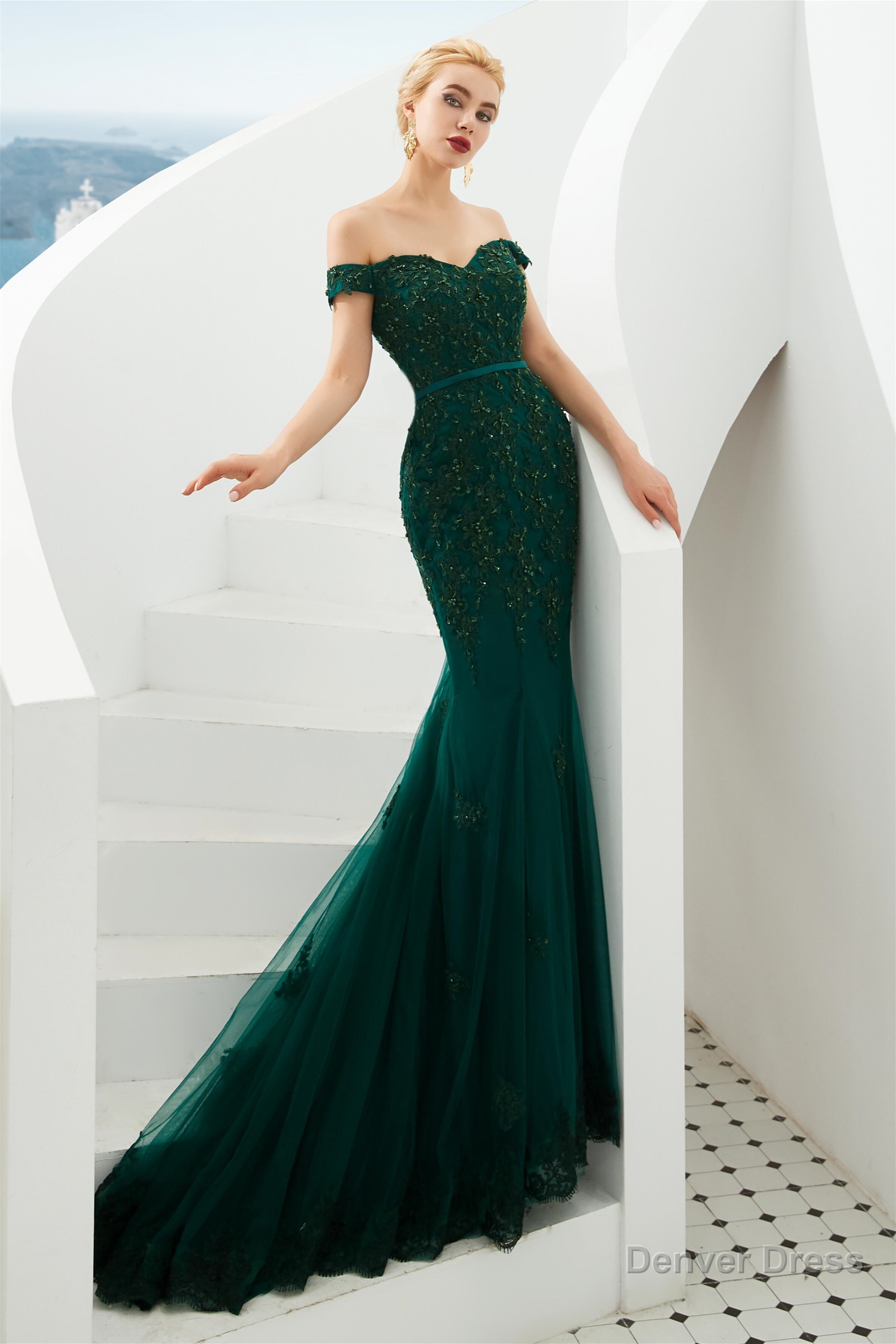 Off Shoulder Mermaid Dark Green Formal Evening Dresses with Lace Secondary image