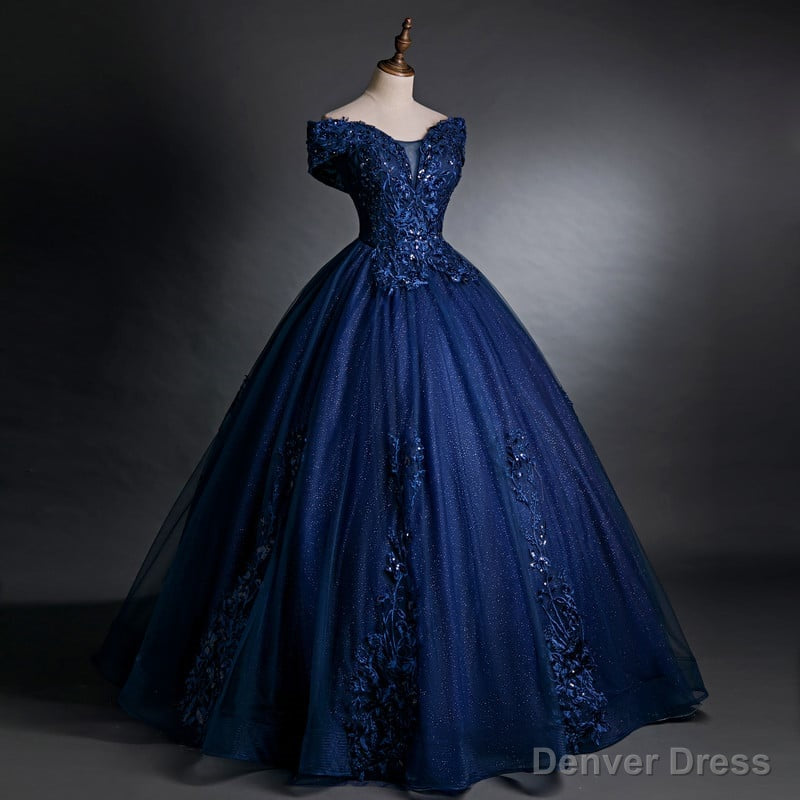Off Shoulder Navy Blue Long Sweet 16 Gowns Blue Tulle with Lace Prom Dress shops Secondary image