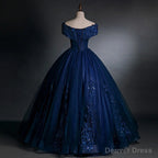 Off Shoulder Navy Blue Long Sweet 16 Gowns Blue Tulle with Lace Prom Dress shops