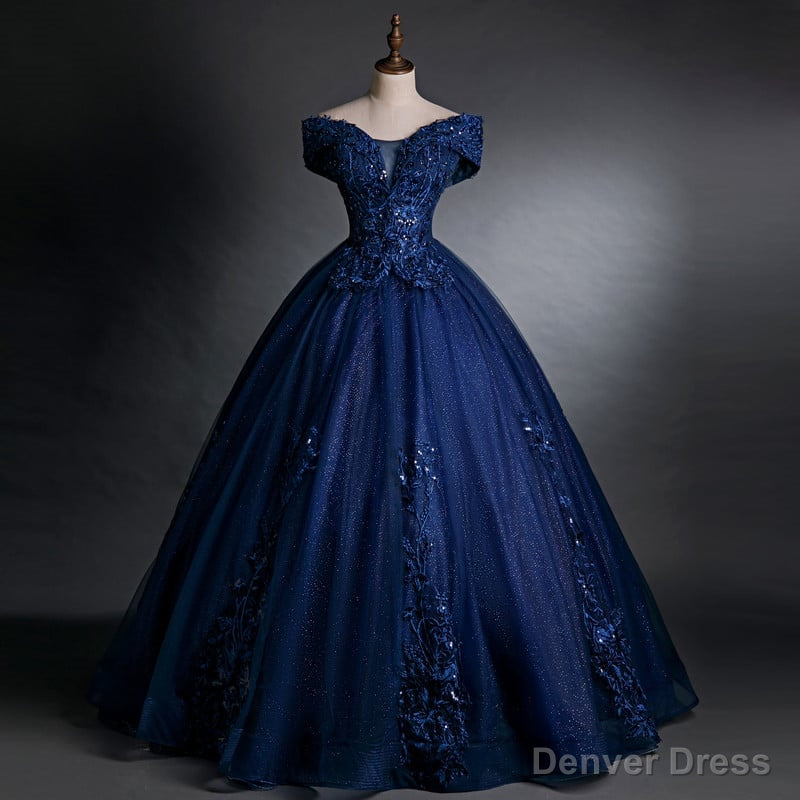 Off Shoulder Navy Blue Long Sweet 16 Gowns Blue Tulle with Lace Prom Dress shops