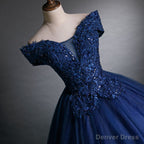 Off Shoulder Navy Blue Long Sweet 16 Gowns Blue Tulle with Lace Prom Dress shops