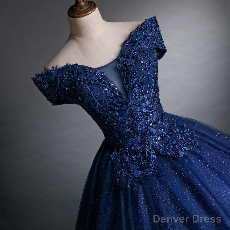Off Shoulder Navy Blue Long Sweet 16 Gowns Blue Tulle with Lace Prom Dress shops