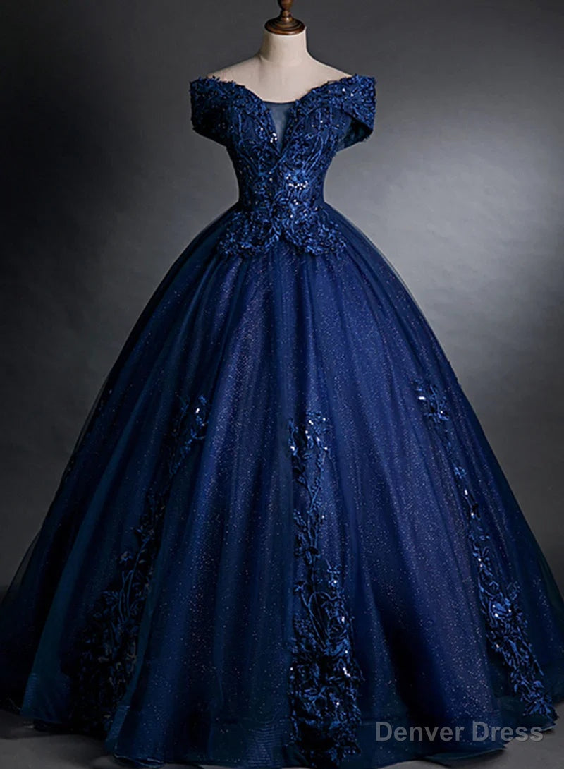 Off Shoulder Navy Blue Long Sweet 16 Gowns Blue Tulle with Lace Prom Dress shops Main image