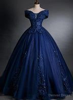 Off Shoulder Navy Blue Long Sweet 16 Gowns Blue Tulle with Lace Prom Dress shops