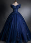Off Shoulder Navy Blue Long Sweet 16 Gowns Blue Tulle with Lace Prom Dress shops