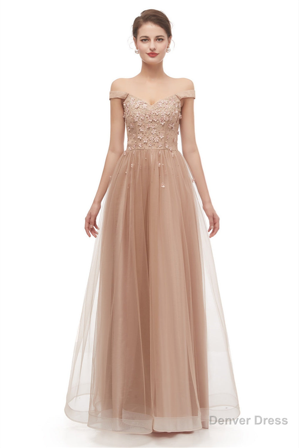 Off Shoulder Pearls Applique A Line Tulle Prom Dresses Main image
