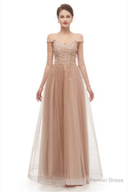 Off Shoulder Pearls Applique A Line Tulle Prom Dresses
