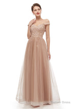 Off Shoulder Pearls Applique A Line Tulle Prom Dresses