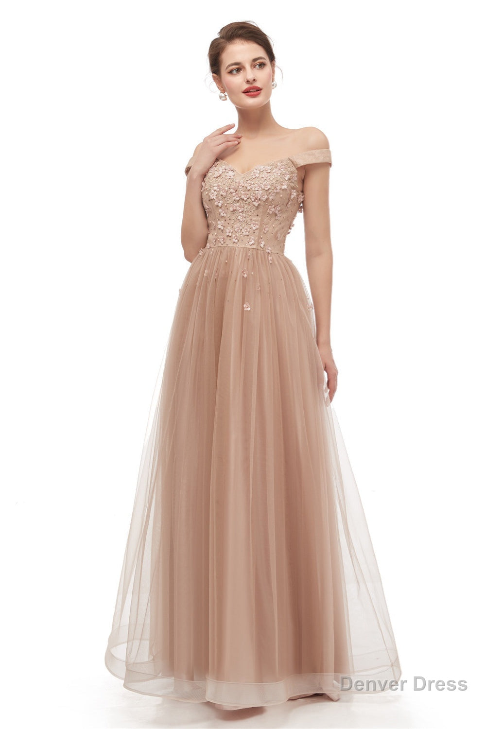 Off Shoulder Pearls Applique A Line Tulle Prom Dresses