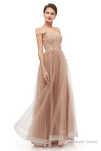 Off Shoulder Pearls Applique A Line Tulle Prom Dresses