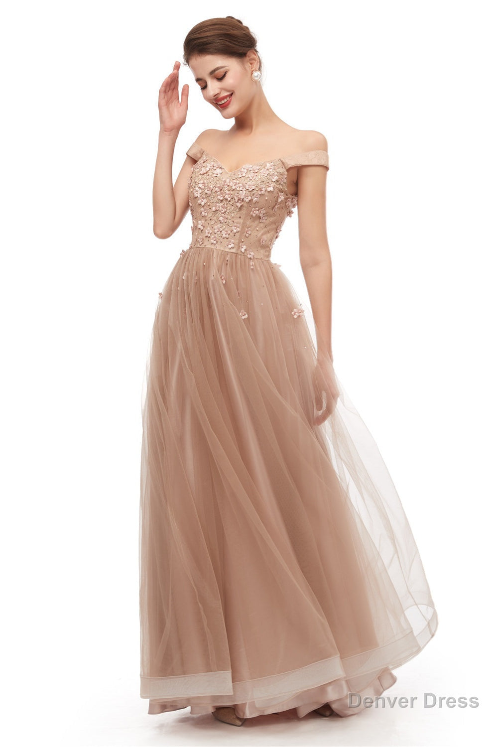 Off Shoulder Pearls Applique A Line Tulle Prom Dresses