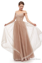 Off Shoulder Pearls Applique A Line Tulle Prom Dresses