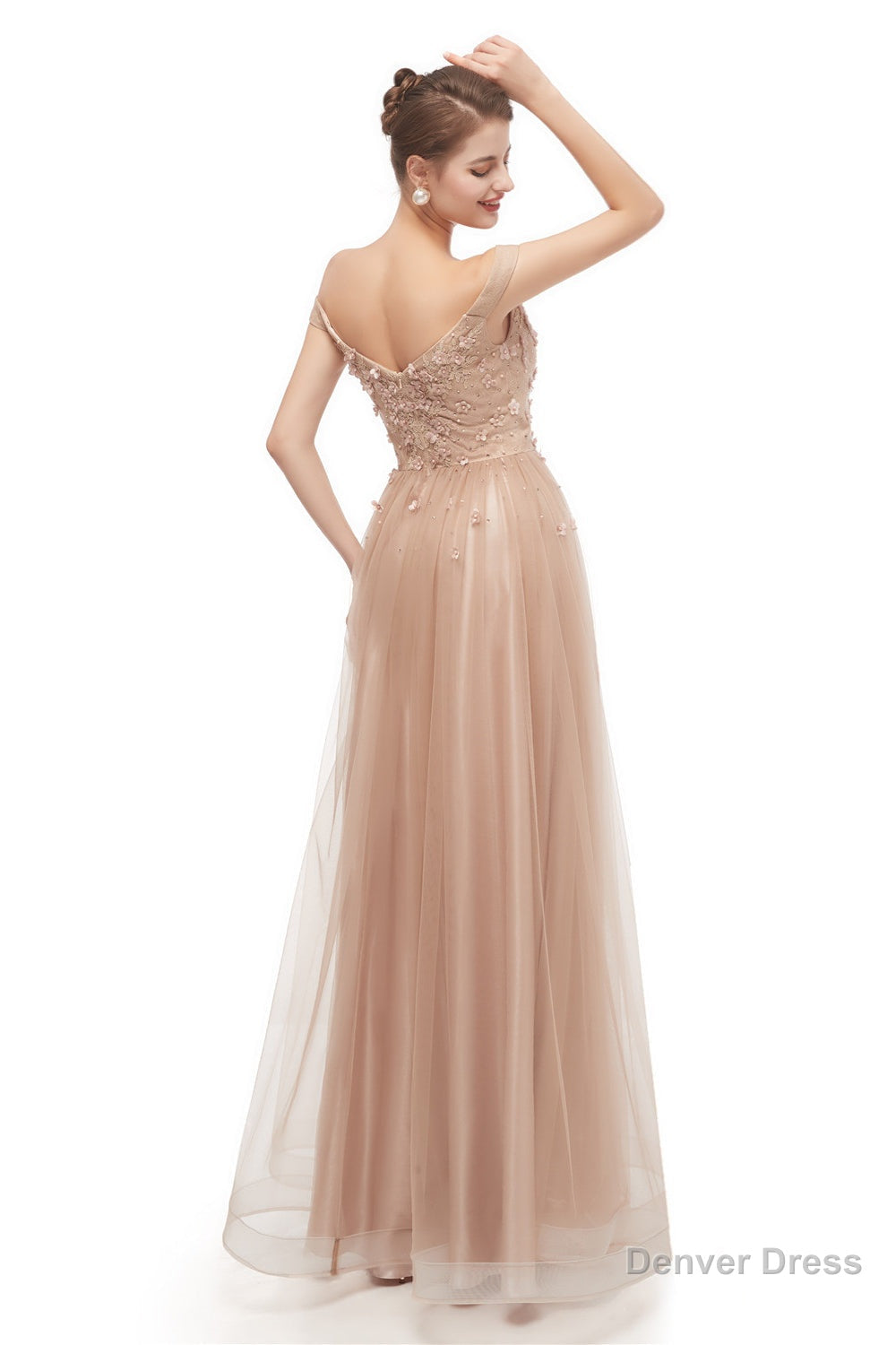 Off Shoulder Pearls Applique A Line Tulle Prom Dresses