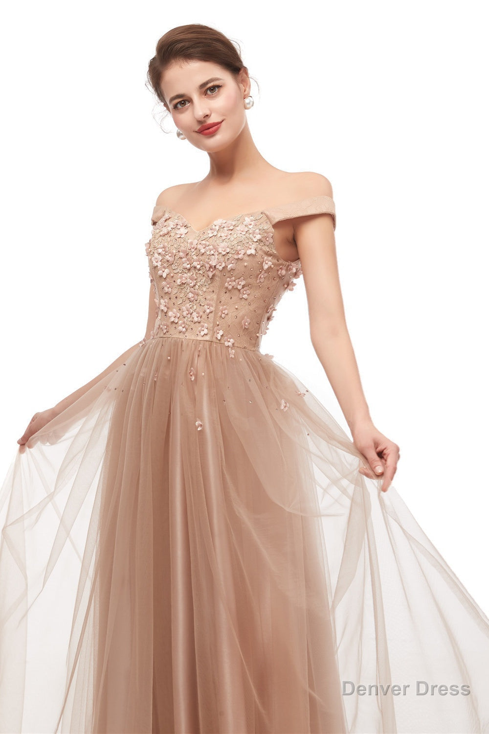 Off Shoulder Pearls Applique A Line Tulle Prom Dresses