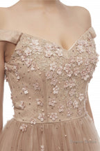 Off Shoulder Pearls Applique A Line Tulle Prom Dresses