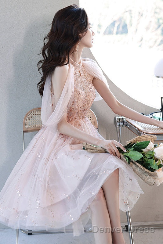 Off Shoulder Pink High Low Tulle With Beaded Homecoming Dress, Pink High Low Prom Dress Graduation Dresses