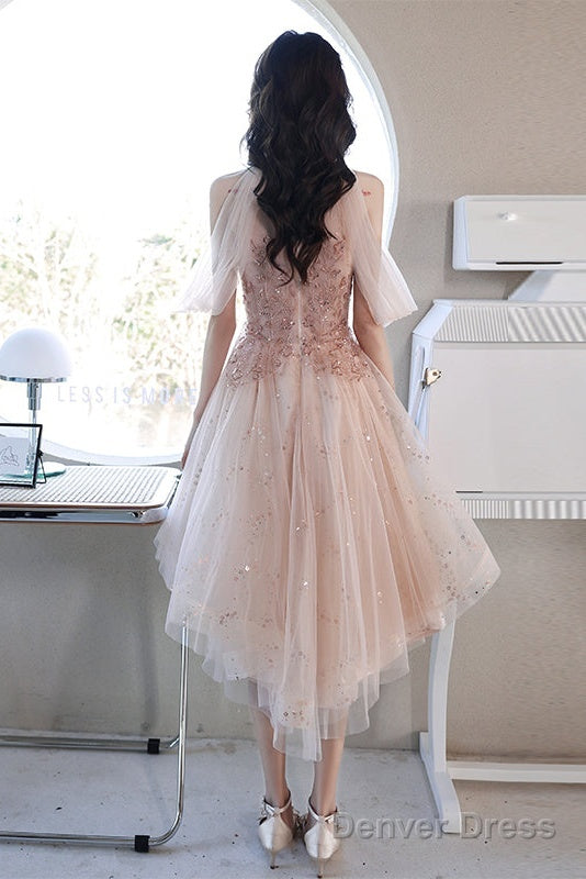 Off Shoulder Pink High Low Tulle With Beaded Homecoming Dress, Pink High Low Prom Dress Graduation Dresses