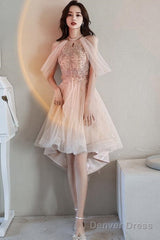 Off Shoulder Pink High Low Tulle With Beaded Homecoming Dress, Pink High Low Prom Dress Graduation Dress
