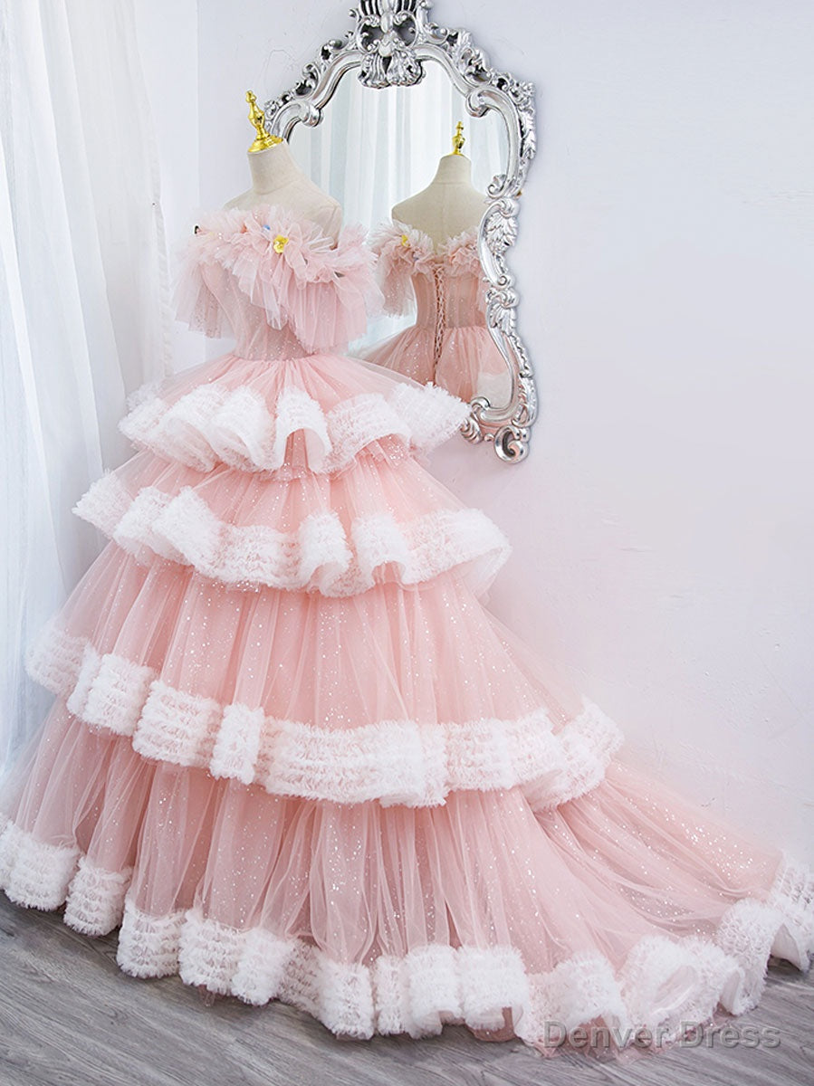 Off Shoulder Pink Long Prom Dress, Ball Gowns Pink Sweet 16 Dresses