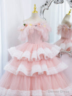 Off Shoulder Pink Long Prom Dress, Ball Gowns Pink Sweet 16 Dresses