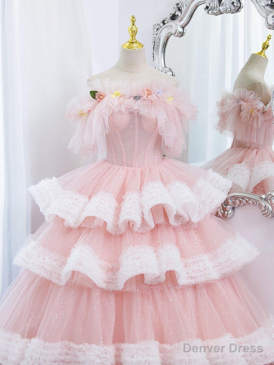 Off Shoulder Pink Long Prom Dress, Ball Gowns Pink Sweet 16 Dresses