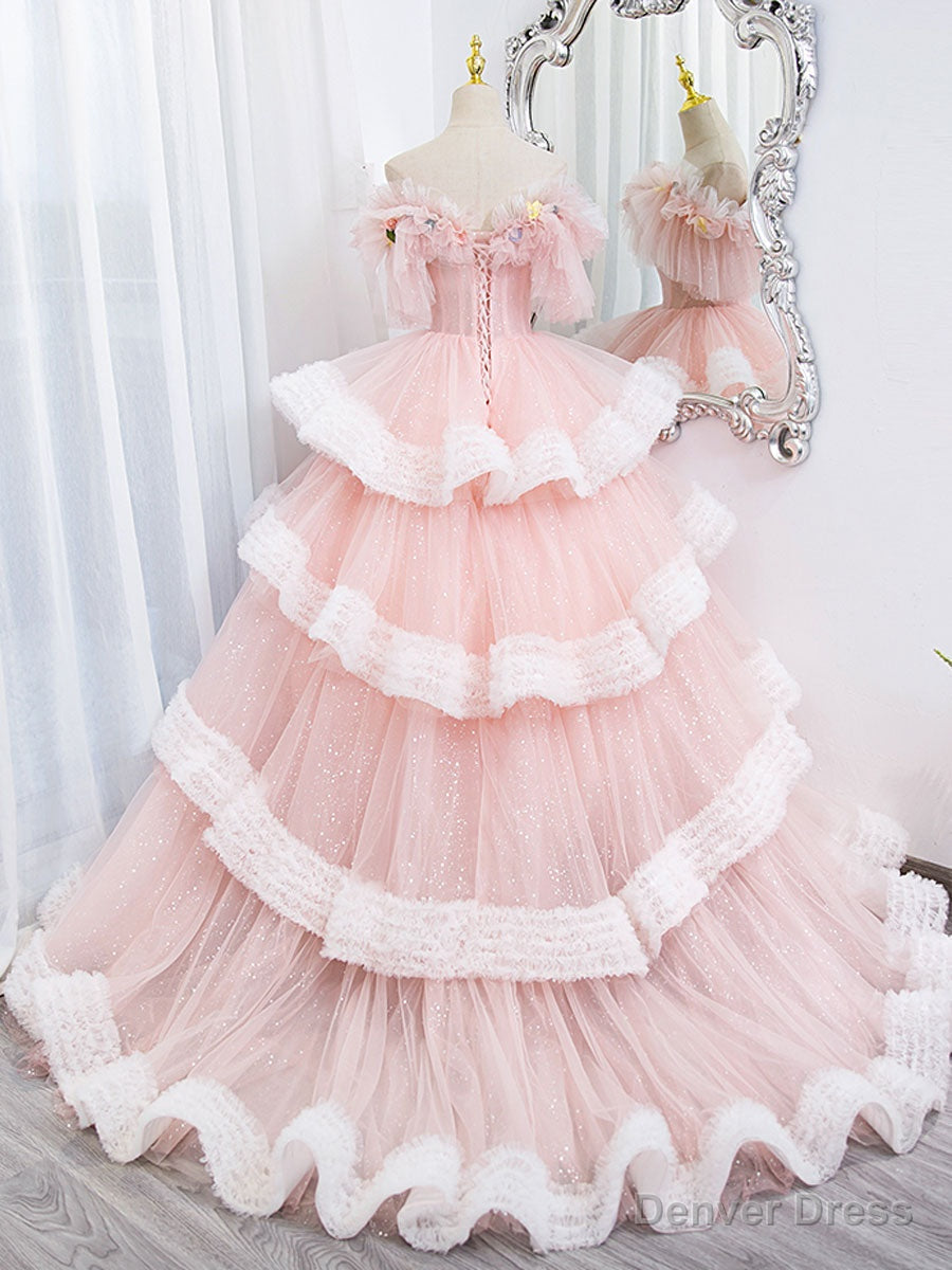Off Shoulder Pink Long Prom Dress, Ball Gowns Pink Sweet 16 Dresses