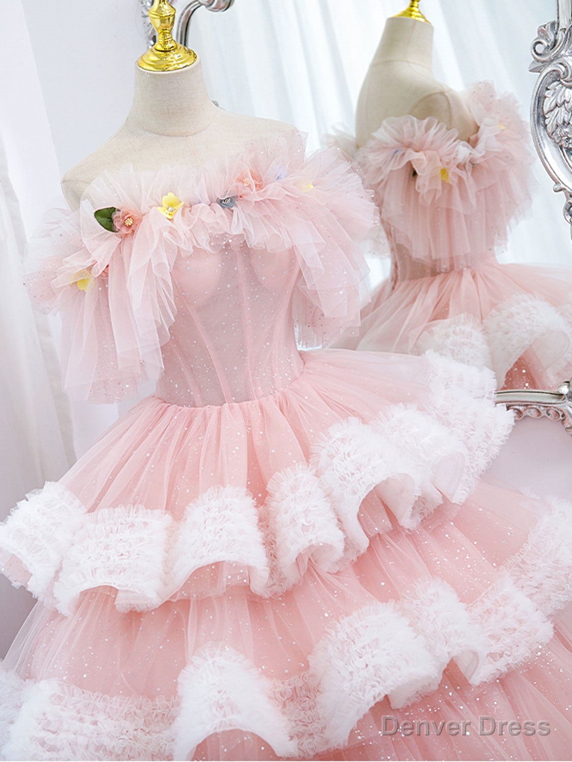 Off Shoulder Pink Long Prom Dress, Ball Gowns Pink Sweet 16 Dresses