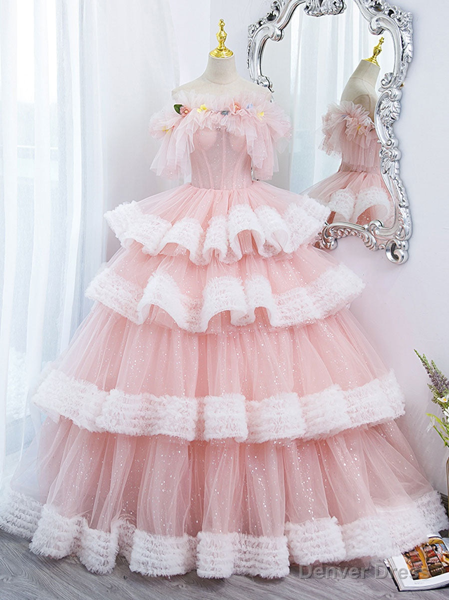 Off Shoulder Pink Long Prom Dress, Ball Gowns Pink Sweet 16 Dresses