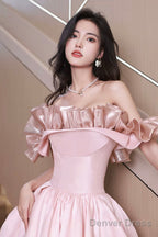 Off Shoulder Pink Satin Long Prom Dress, Pink Prom Dress