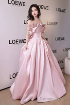 Off Shoulder Pink Satin Long Prom Dress, Pink Prom Dress