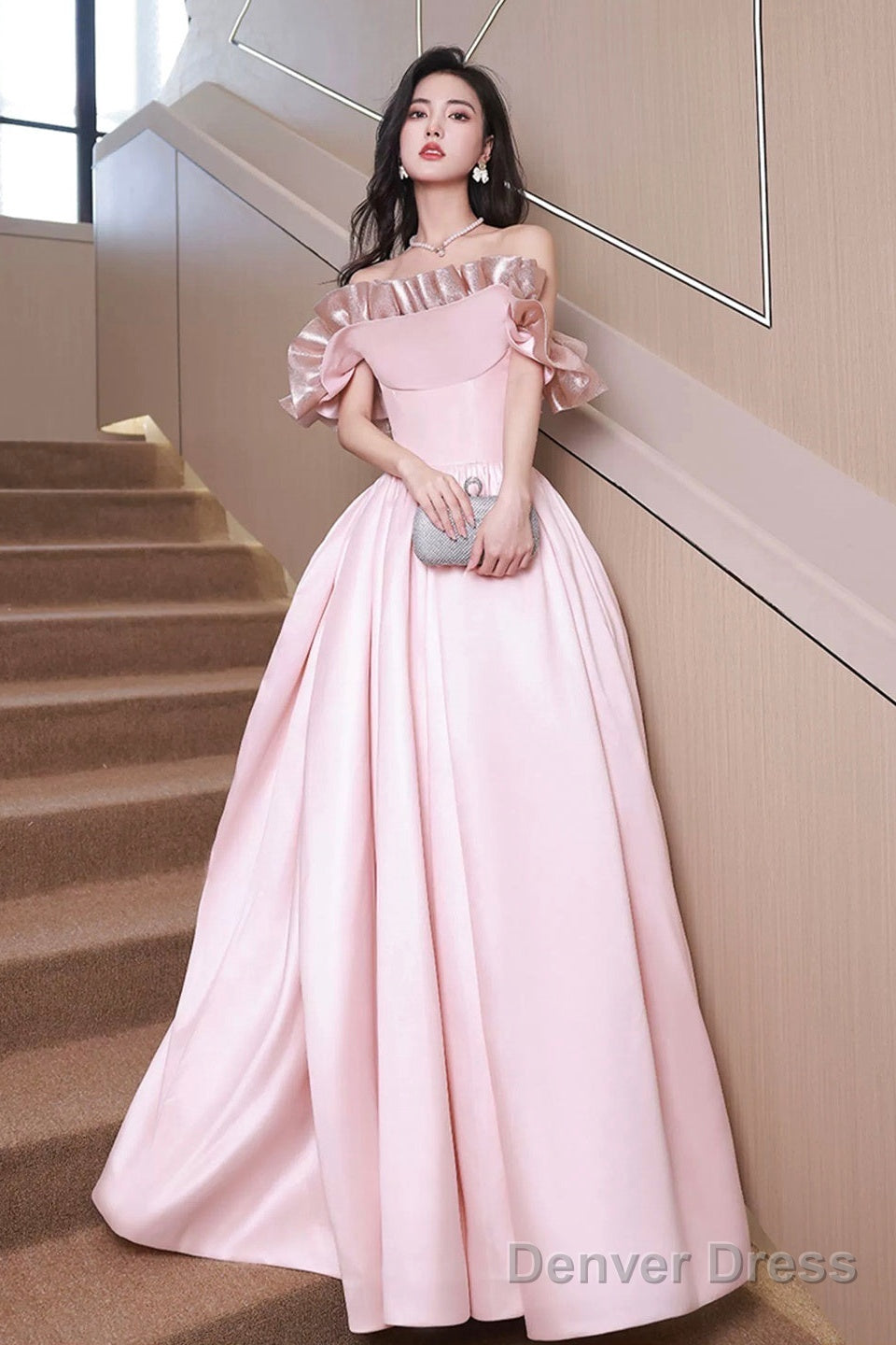 Off Shoulder Pink Satin Long Formal Dress, Pink Evening Dress Party Dress Main image