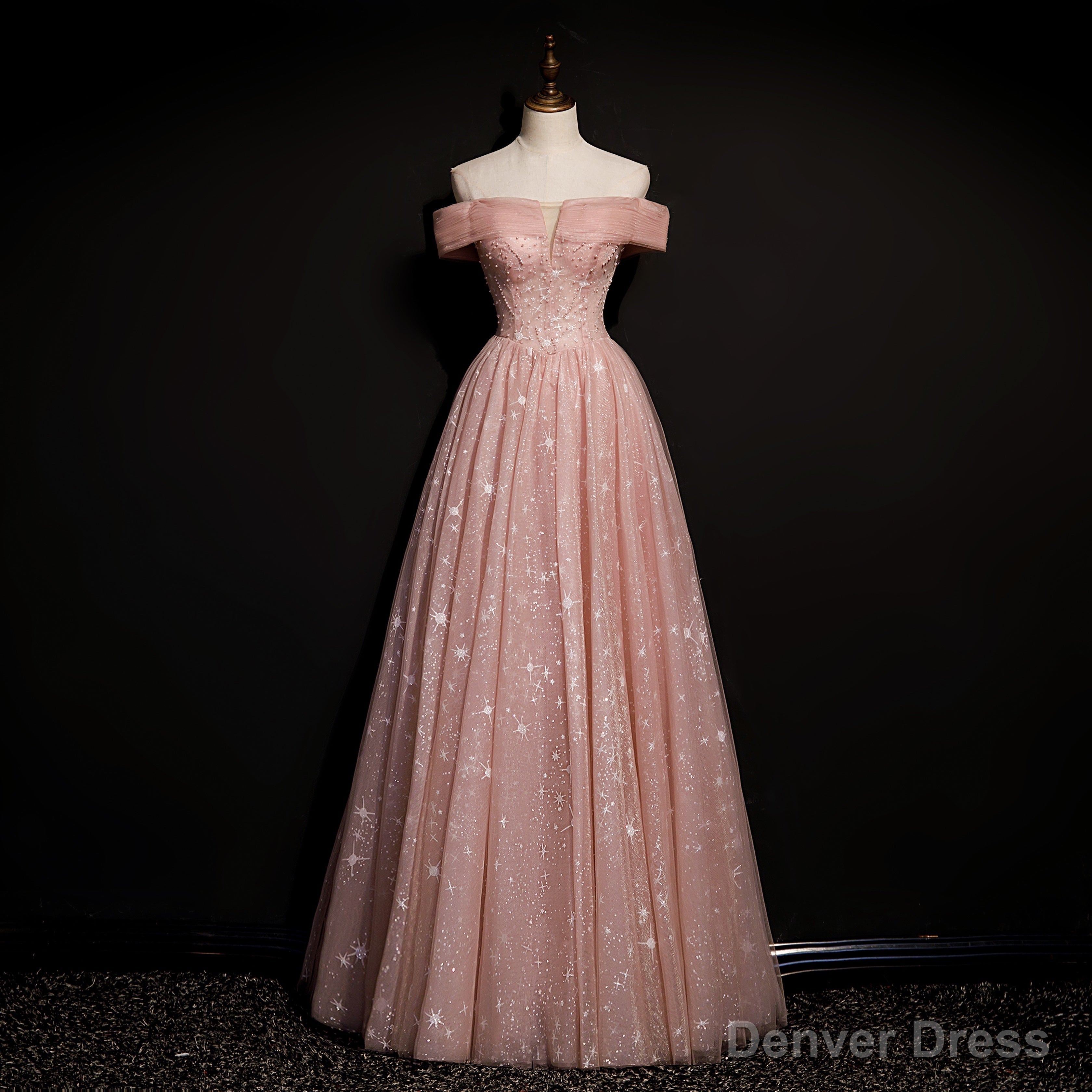 Off Shoulder Pink Tulle Long A-line Prom Dress with Beadings, Pink Long Party Dress Evening Dress Secondary image
