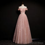 Off Shoulder Pink Tulle Long A-line Prom Dress with Beadings, Pink Long Party Dress Evening Dress