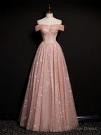 Off Shoulder Pink Tulle Long A Line Prom Dress with Beadings, Pink Long Prom Dress