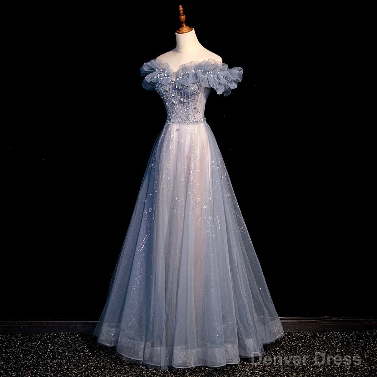 Off Shoulder Puffy Sleeves Beaded Party Dress Prom Dress, Blue Evening Gown Secondary image