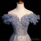 Off Shoulder Puffy Sleeves Beaded Prom Dress, Blue Prom Gowns
