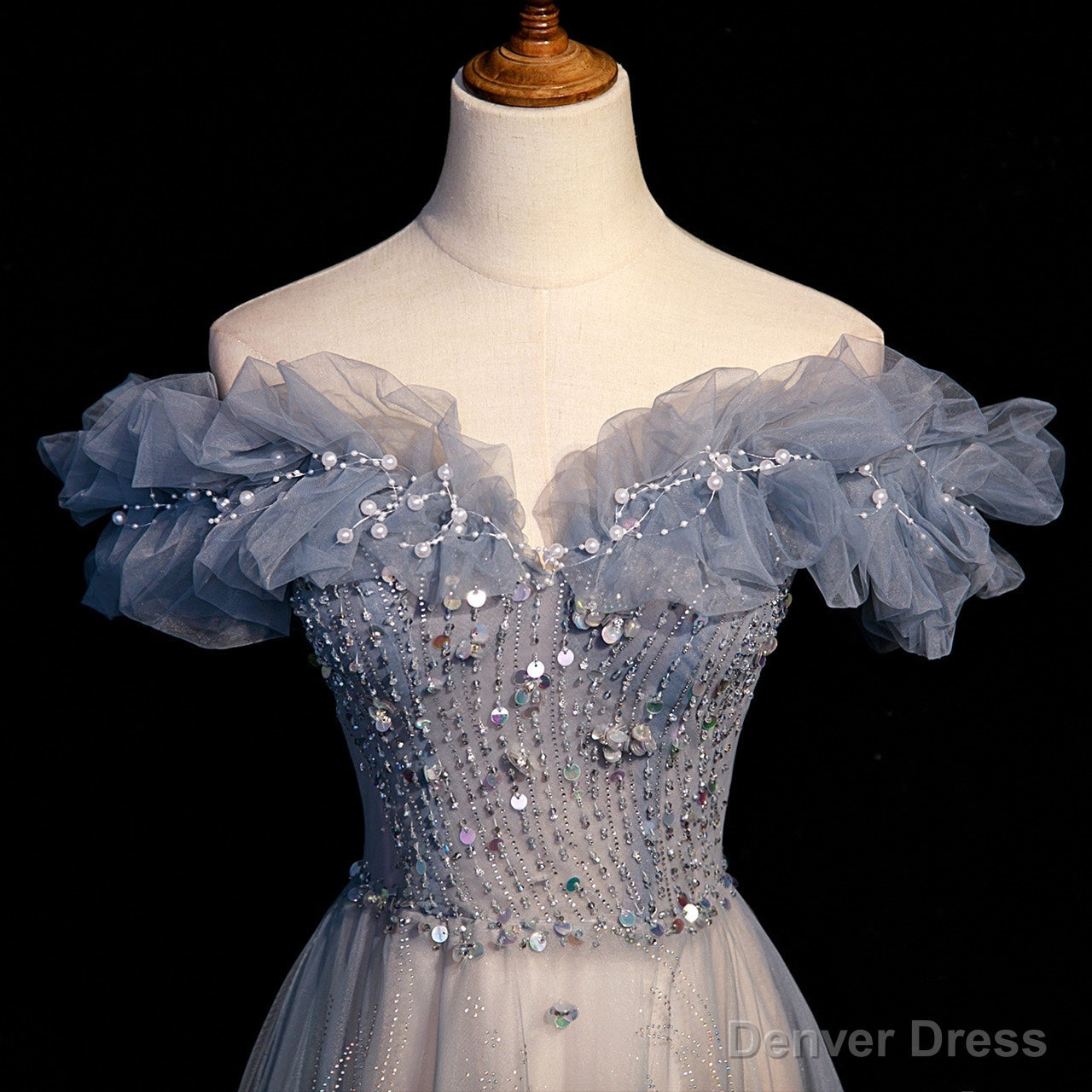 Off Shoulder Puffy Sleeves Beaded Prom Dress, Blue Prom Gowns