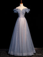 Off Shoulder Puffy Sleeves Beaded Party Dress Prom Dress, Blue Evening Gown