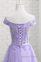 Off Shoulder Purple Lace Short Prom Dress, Lilac Lace Homecoming Dress, Short Purple Prom Dresses