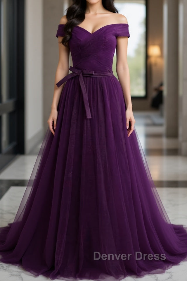 Off Shoulder Purple Tulle Long Prom Dress, Off the Shoulder Purple Prom Dress, Purple Prom Dresses Main image